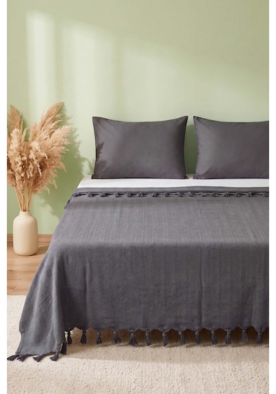 Antrasit Natural Çift Kişilik Baskılı Pike & Yatak Örtüsü 200x230 Cm