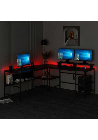 Minar Greta Rgb Led Işıklı L Köşe Çalışma Masası Siyah