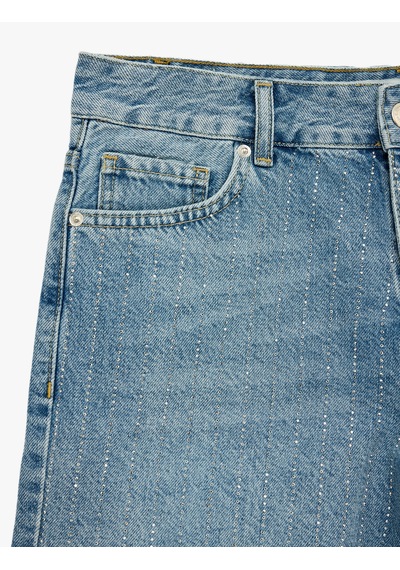 Koton Pamuklu Yüksek Bel Taş Detaylı Mini Denim Şort Orta İndigo 6sal40246md