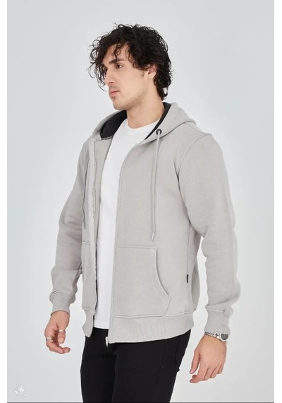 Vexor Unisex Tam Fermuarlı Kapşonlu Sweatshirt - Boyalı Gri