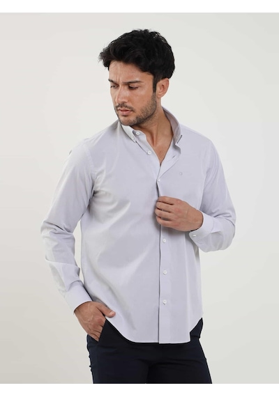 Dufy Gri Erkek Regular Fit Düz Brent Düğmeli Yaka Uzun Kol Gömlek - 102279-gri Gri