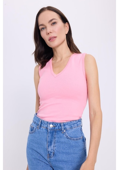 Tudors Kadın Slim Fit Dar Kesim V Yaka Sıfır Kol Pamuklu Ribanalı Pembe Bluz-38837 Pembe
