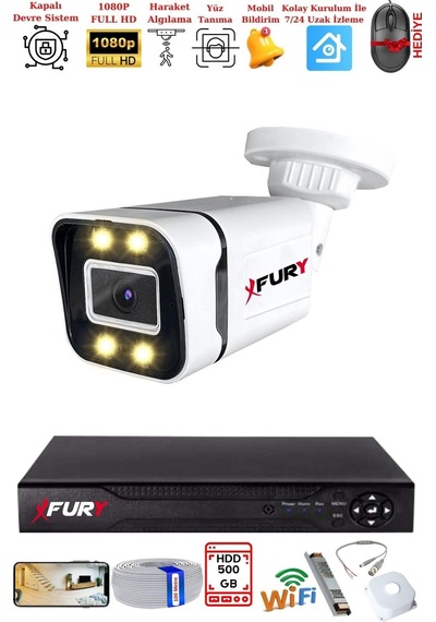 Fury 1 Kameralı 1080p Görüntü Gece Renkli Full Hd 4 X Ultra Led Gece Renkli Güvenlik Kamerası Seti 500gb