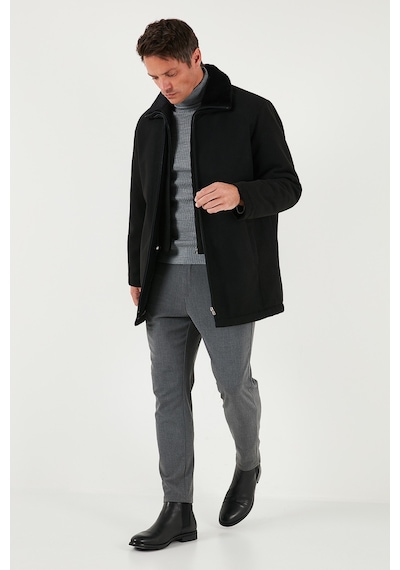 Buratti Slim Fit Çıkarılabilir Tüylü Yaka Detaylı Astarlı Kaşe Erkek Kaban 58400217 Siyah
