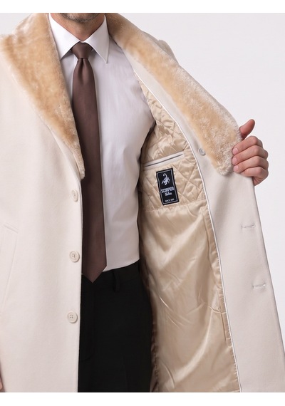 Plus Scorpion Erkek Uzun Kaşe Kaban Çıkartılabilir Kürk Yaka, Astarlı Ve Cepli Slim Fit Mont Krem