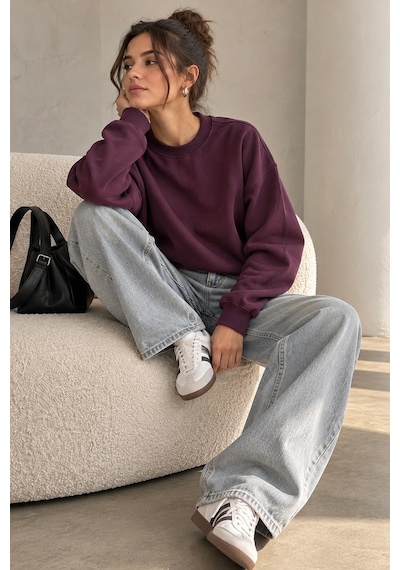 Bbbutikbasic 3 İplik Şardonlu Kısa Sweatshirt Bisiklet Yaka Kadın 3 İplik Şardonlu My3535 Bordo