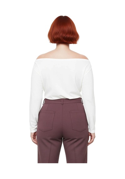 Ersefa Moda Büyük Beden Carmen Yaka Örme Fit Düz Desen Casual Günlük Reg Ekru