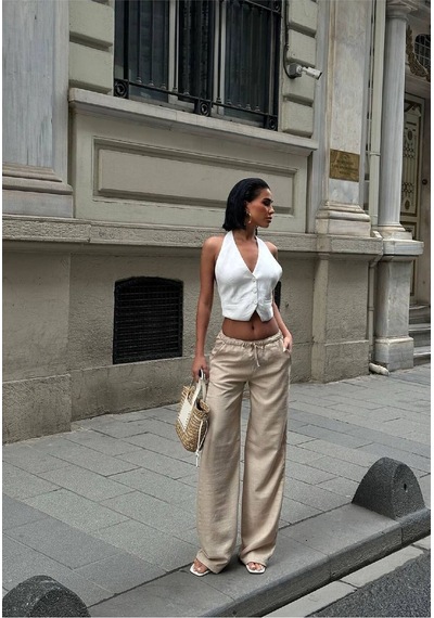 HLT Jeans Kadın Krem Baggy Beli Lastikli Keten Görünümlü %100 Pamuk Pantolon Emily-3018