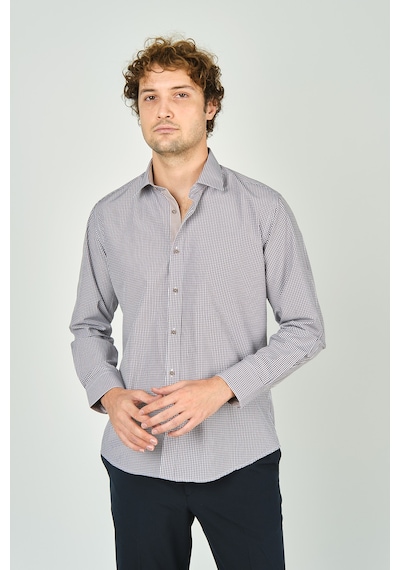 De Leone Erkek Slim Fit Ekoseli Uzun Kollu %100 Pamuk Gömlek 2060 Kahverengi Kahverengi