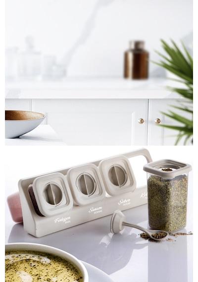 Kitchen Life 4'lü Etiketli Standlı Kilitli Kaşıklı Kendinden Yapışkanlı Kare Baharatlık Takımı - Erzak Kabı Seti Krem