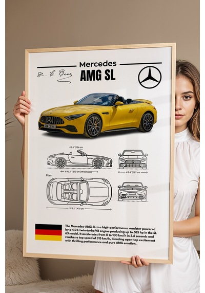 Mercedes-amg Sl Tablo - Teknik Özellikli Lüks Roadster Poster - Çerçeveli Duvar Dekoru - Blueprint Kayın