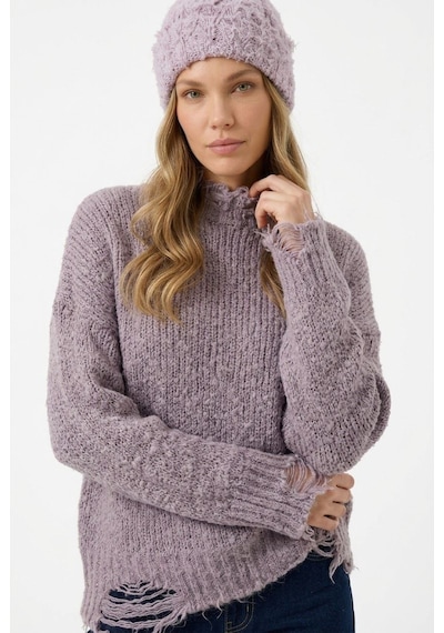 Neden Tekstil Kadın Premium Yırtık Detaylı Oversize Triko Kazak - Lila