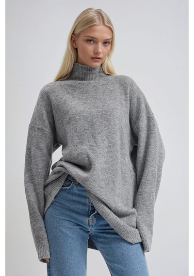 Dik Yaka Triko Oversize Kazak 1413 Gri