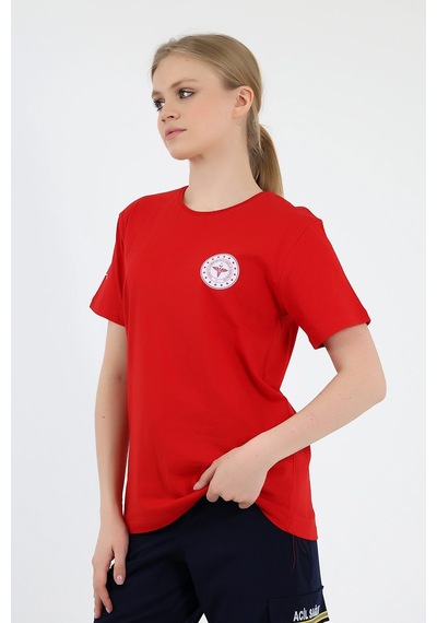 112 Acil Sağlık Yuvarlak Yaka Penye Kısa Kol Tshirt - Kırmızı