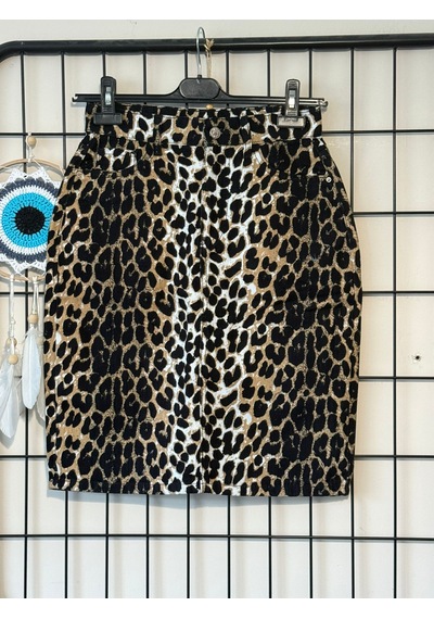 Dema Yüksek Bel Leopar Desenli Denim Kalem Etek / Günlük & Şık Kullanıma Uygun