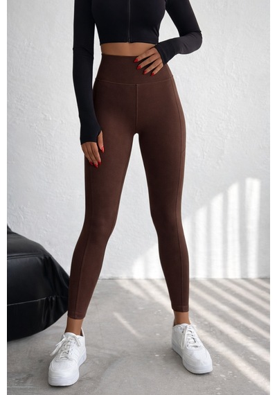 Balenbi Haute Kadın Yüksek Bel Toparlayıcı Çift Cepli Leggings Fitness Tayt 1092 Kahverengi