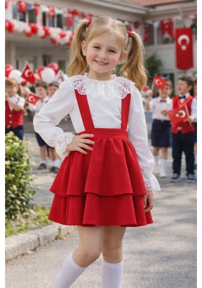 Miniko Kids 23 Nisan Kız Çocuk Uzun Kol Detaylı Bayramlık Salopet Etekli Takım Kırmızı