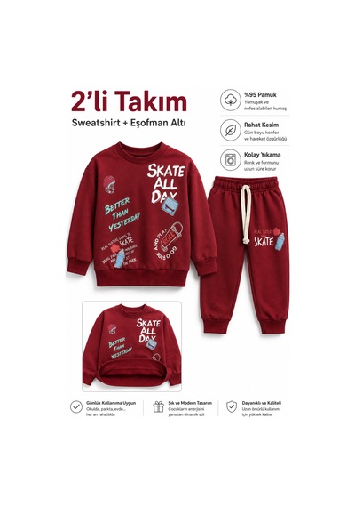 Ahengim Erkek Çocuk Kaykay Baskılı Sweatshirt Eşofman Altı 2 Li Takım 1-4 Yaş Ak115 Kırmızı Ahengim Erkek Çocuk Kaykay Baskılı Sweatshirt Eşofman Altı 2 Li Takım 1-4 Yaş Ak115 Kırmızı