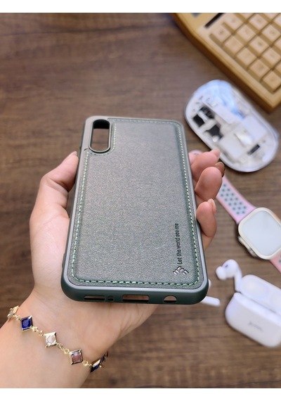 Samsung Galaxy A70 Uyumlu Premium Deri Dokulu Darbelere Karşı Dayanıklı Nazal Silikon Kılıf Haki