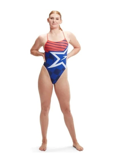 Speedo Digital Baskılı V Back Kadın Yüzücü Mayosu Mavi-turuncu Mavi