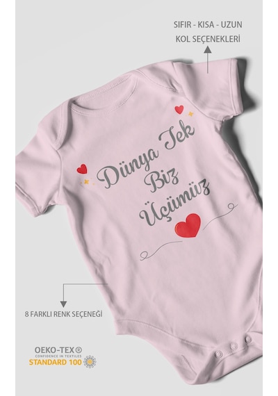 Morivokids Dünya Tek Biz Üçümüz Kısa Kollu Bebek Body %100 Pamuk Bebe Pembe