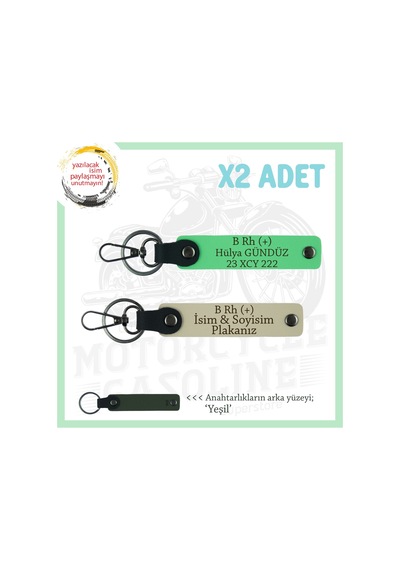 Motorcu Tarzı Plakalı & İsimli Deri X2' Li Anahtarlık, B Rh + Kan Grubu İle, S Kahve-f Yeşil-ysl