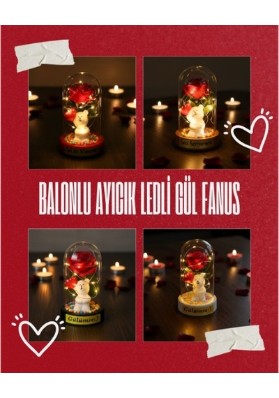 Balonlu Ayıcık Ledli Gül Fanus