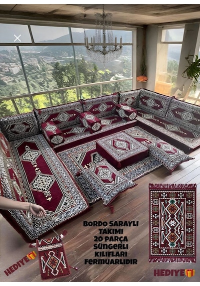 Şark Köşesi Minder Takımı Yıkanabilir Fermuarlı Sert Çökmeyen Süngerli Bordo