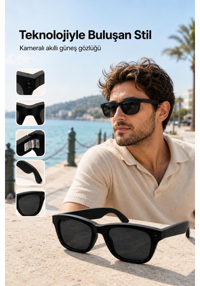 Kameralı Akıllı Güneş Gözlüğü Siyah Şık Tasarım Smart Glasses