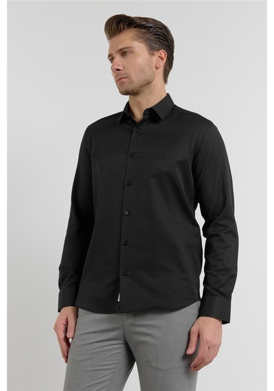 İmza Siyah Kendinden Desenli Sert Yaka Uzun Kol Cepsiz Slim Fit Pamuklu Gömlek 1004255283