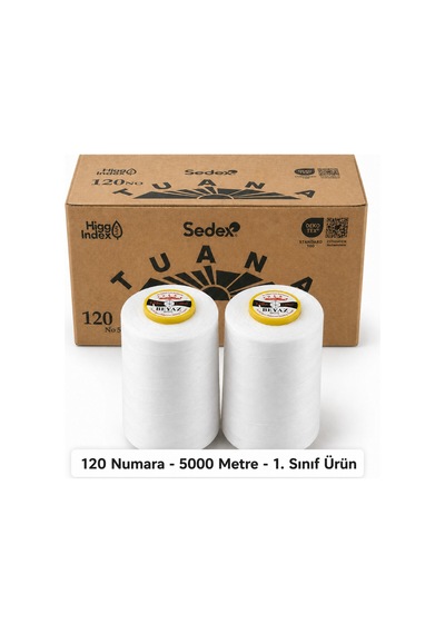 Tuana Polyester Dikiş İpliği 120 Numara 5000 Metre Beyaz 2'li Bobin Makine İpi Konfeksiyon Dikiş İpi