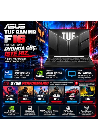 Asus TUF Gaming F16 FX607VJR-TU388H35 Core 5 205 96 GB 4 TB SSD RTX305016" W11H Dizüstü Bilgisayar