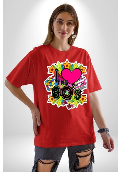 80leri Seviyorum Kaset Ve Özel Hediye Pamuklu Bisiklet Yaka Unisex Oversize Boyfriend Dijital Baskılı Kırmızı T-shirt Kırmızı