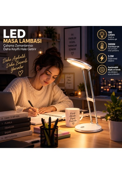 Led Masa Lambası 3.3w 180 Lumen 3000k Sıcak Beyaz Ayarlanabilir Başlıklı Çalışma Ve Ders Lambası