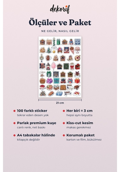 Yeni Yıl Panayırı Sticker Seti 100 Adet - Işıltılı Dükkanlar Karlı Sokaklar Renkli Ajanda Çıkartma Çok Renkli