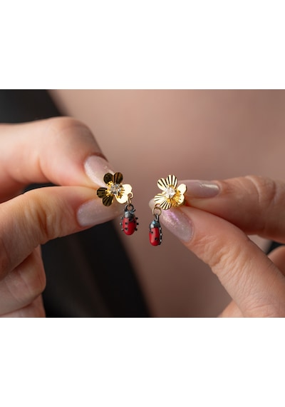 Papatya Silver 925 Ayar Gümüş Gold Renk Yonca Küpe Uğur Böceği Sallantılı Gold