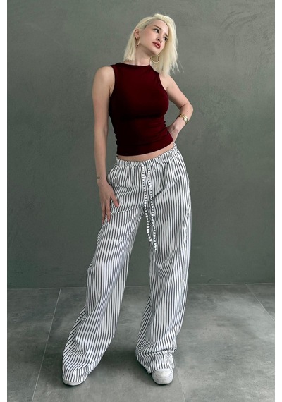 Madmext Beyaz Beli Ayarlanabilir Çizgili Cepli Bol Paça Kadın Pantolon Mg2312 Beyaz