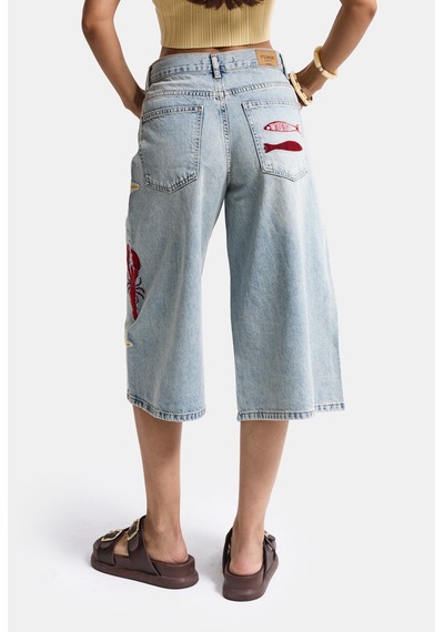 Itsbasic Kadın Kot Rengi 4s6-32 Palazzo Nakış Tasarım Bermuda Denim Jort