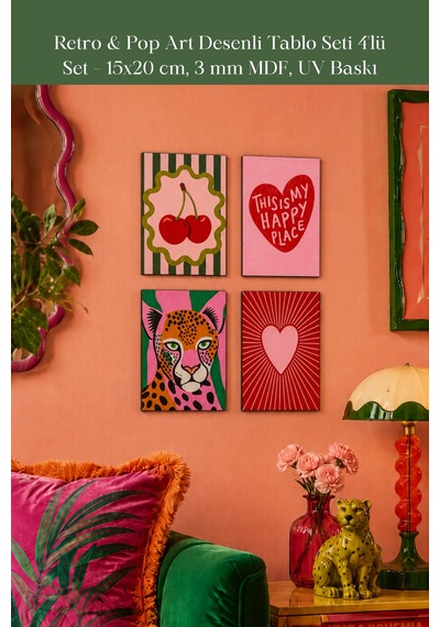 Retro & Pop Art Desenli Tablo Seti 4'lü Set 15x20 Cm, 3 Mm Mdf, Uv Baskı