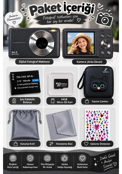 Magicool 4k Figürlü Çantalı Dijital Video Kamera 44mp 16x Zoom Işıklı Kart Dijital Fotoğraf Makinesi Siyah