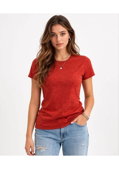 Efnaz Style Flam Kumaş Melanj Dokulu Regular Fit Tişört Bisiklet Yaka Yazlık T-shirt - Kiremit