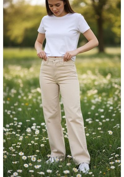 Woddi Nova Kadın Yüksek Bel Krem Salaş Jeans Wide Leg Geniş Paça Palazzo Kot Pantolon