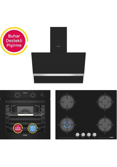 Simfer 11 Fonksiyon Steam Master Siyah 3'lü Ankastre Set (8244 Fırın + 3653 Ocak + 8738 Davlumbaz)