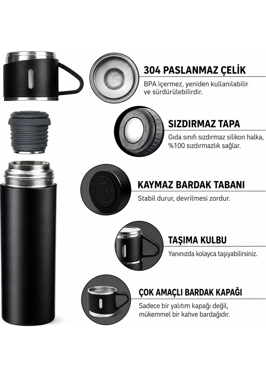 500 Ml Termos Fincan Seti Siyah Paslanmaz Çelik Malzeme