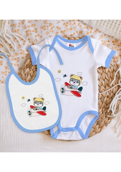 Bk Kids Sevimli Pilot Tasarımlı Mavi Bebek Body Zıbın Ve Mama Önl Çok Renkli