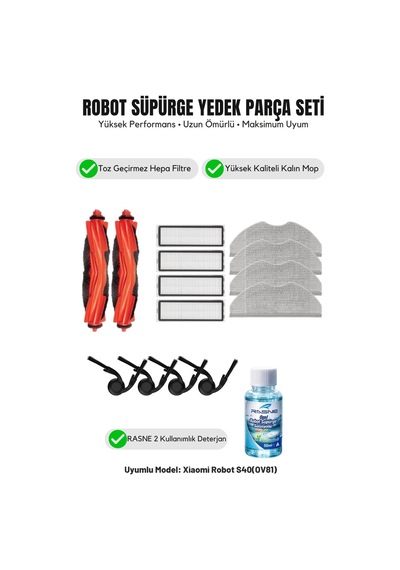 Robot Vacuum S40 Ov81 İle Uyumlu 2 Ana Fırça 4 Yan Fırça 4 Filtre 4 Mop 1 Deterjan 4.0