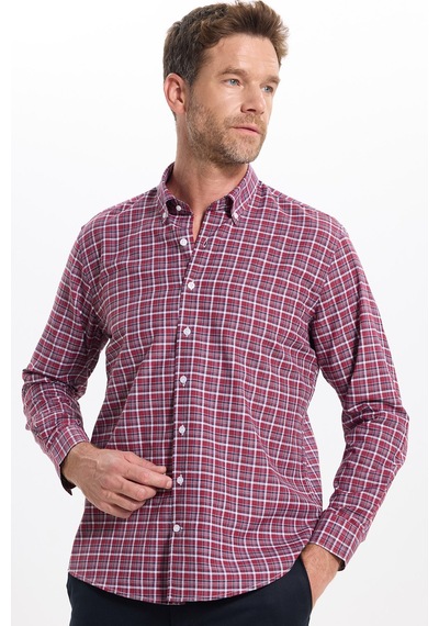 Tudors Regular Fit Rahat Kesim Düğmeli Yaka Uzun Kollu Kareli Pamuklu Bordo Erkek Gömlek-52908