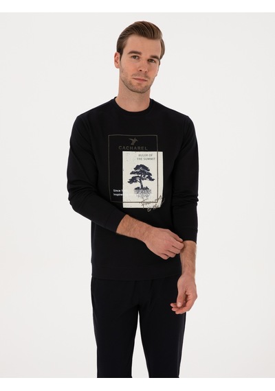 Lacivert Regular Fit Bisiklet Yaka Baskılı Sweatshirt