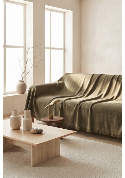 İskandinav Dokulu Pamuklu Saçaklı Koltuk Örtüsü Ve Koltuk Şalı Kaymaz Terletmez 180x300 Cm Haki