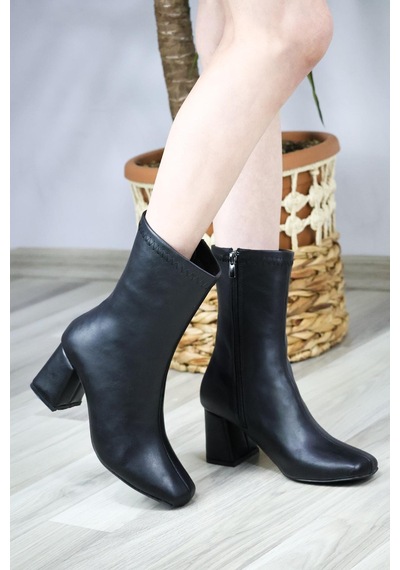Asmi Shoes Kadın Siyah Cilt Lumos Küt Burun Topuklu Fermuarlı Bot Siyah Cilt Siyah
